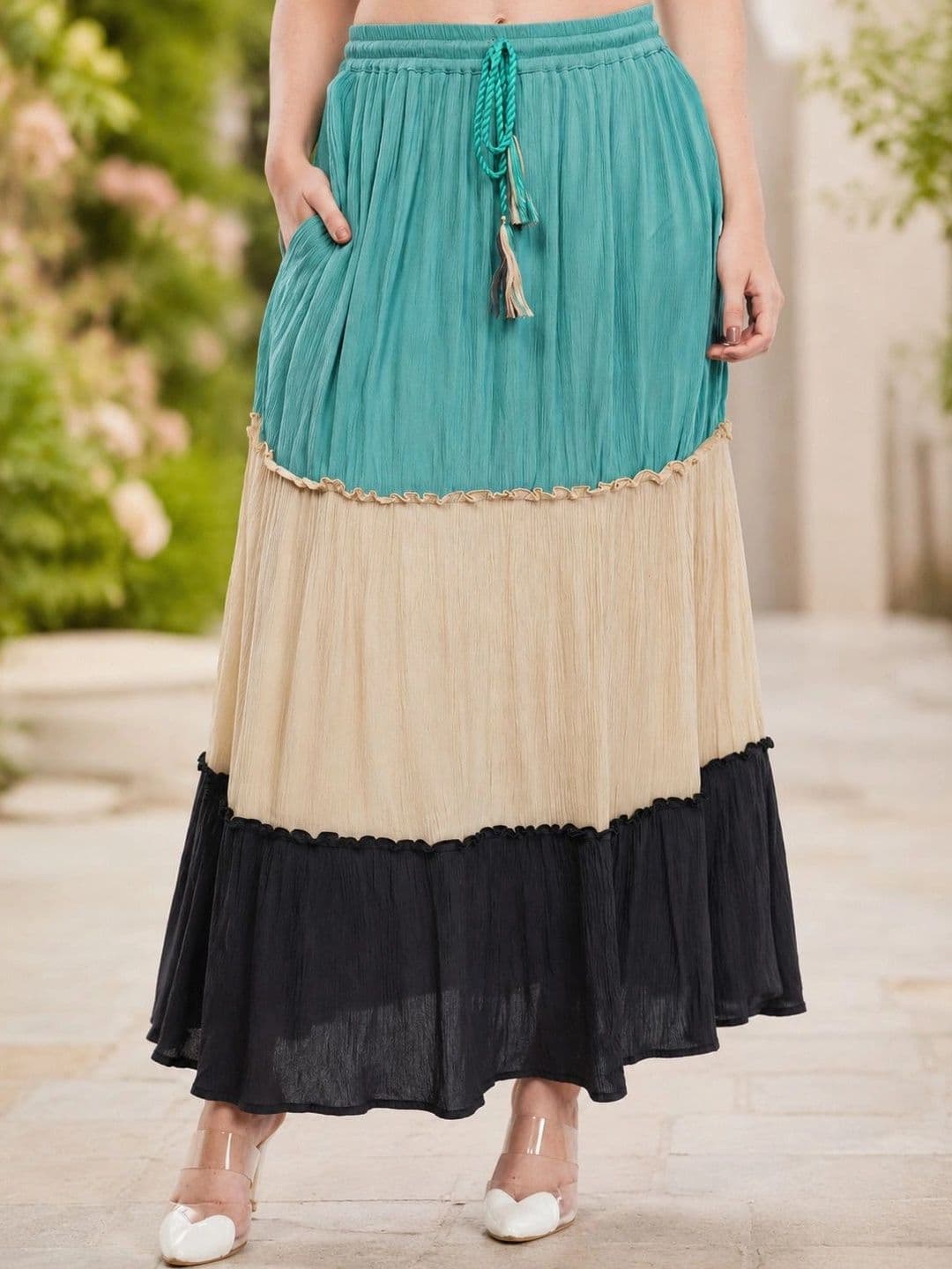 Rabhika Women Pure Cotton Cotton Cambric Colourblocked Tiered Maxi Tiered Skirt thumbnail 7