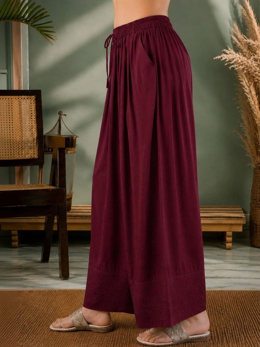 Sangria Women Pleated Thread Work Pure Cotton Top with Palazzos thumbnail 5