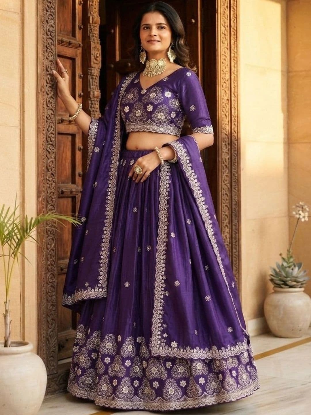 HERE&NOW Women Embroidered Thread Work Semi-Stitched Lehenga & Blouse With Dupatta thumbnail 3