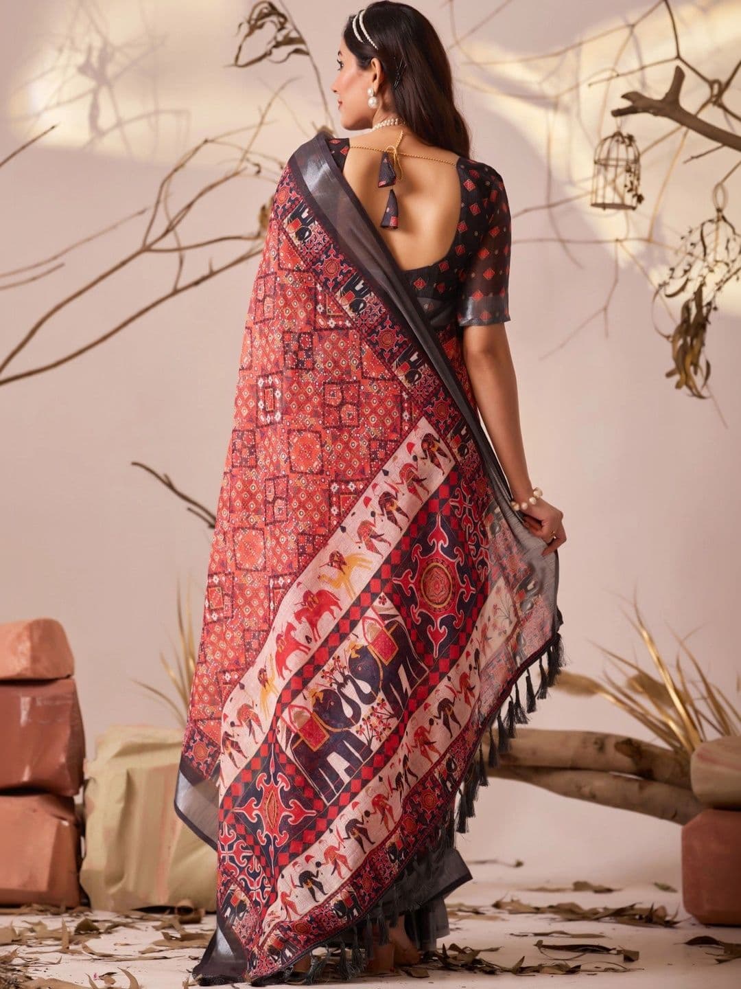 Moda Rapido Kalamkari Zari Linen Blend Designer Patola Saree thumbnail 3