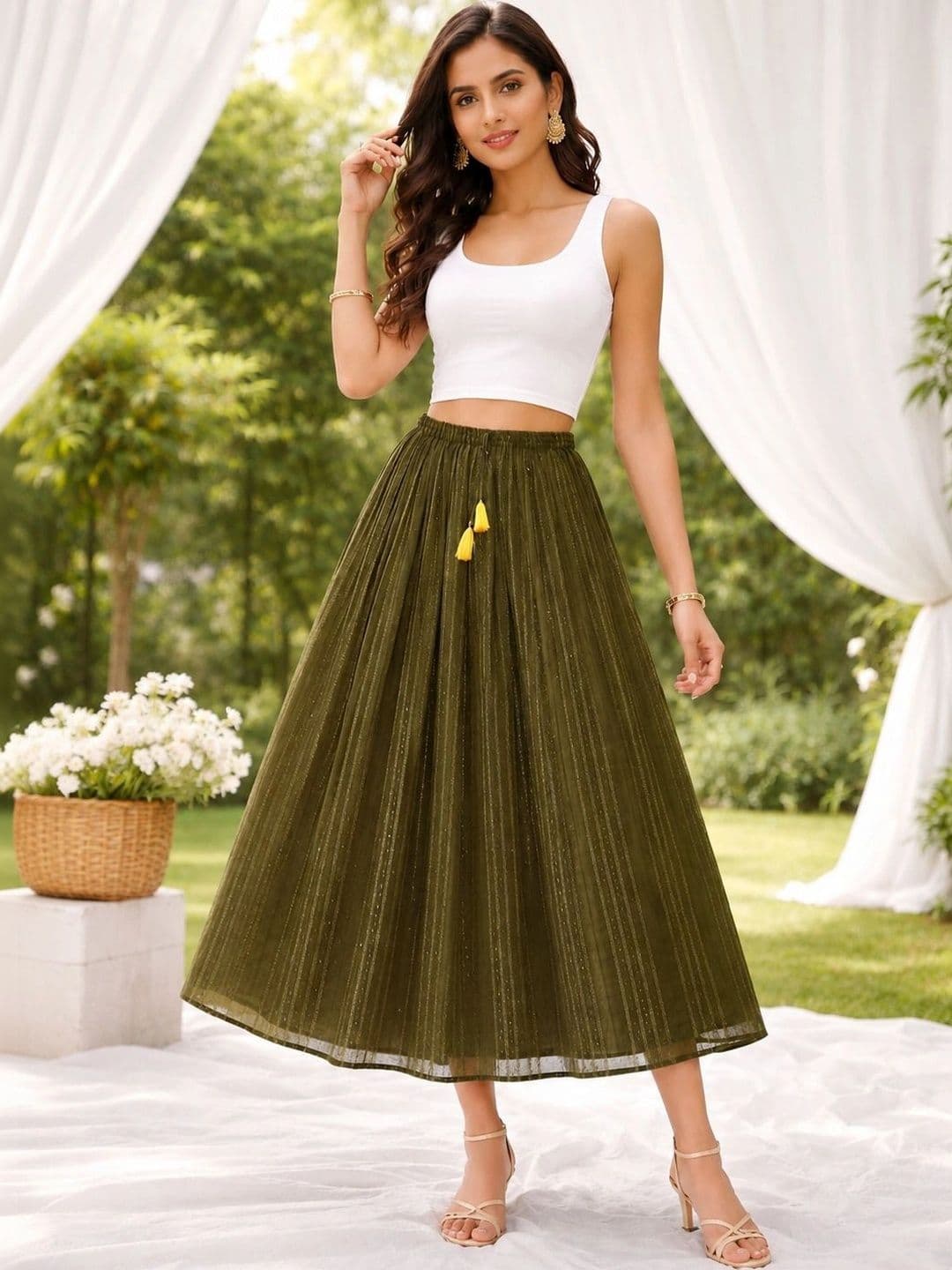 Rabhika Women Georgette Striped Tiered Midi Flared Skirt - view 1