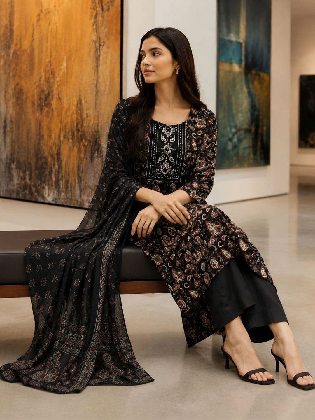 Roly Poly Women Ethnic Motifs Printed Regular Thread Work Kurta with Palazzos & With Dupatta thumbnail 3