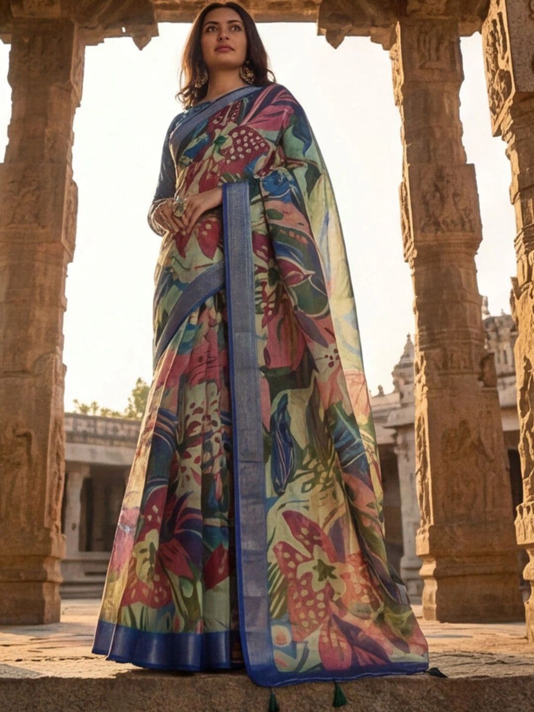 Anouk Rustic Floral Zari Pure Linen Designer Khadi Saree thumbnail 2