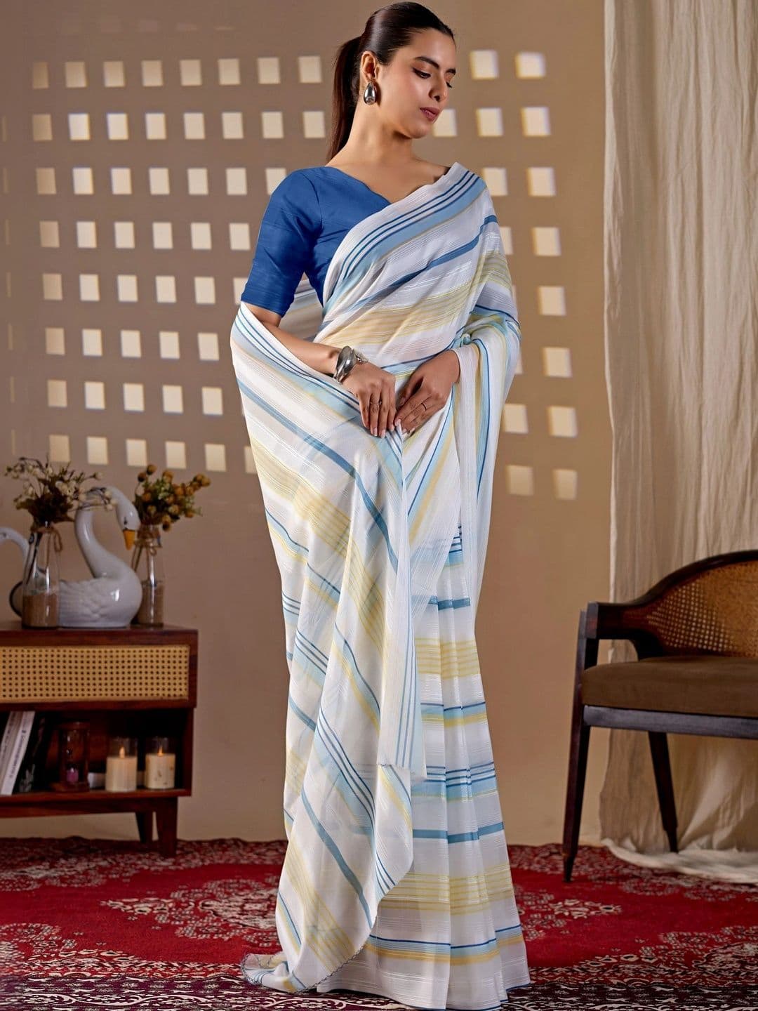 Moda Rapido Striped Poly Georgette Designer Saree thumbnail 2
