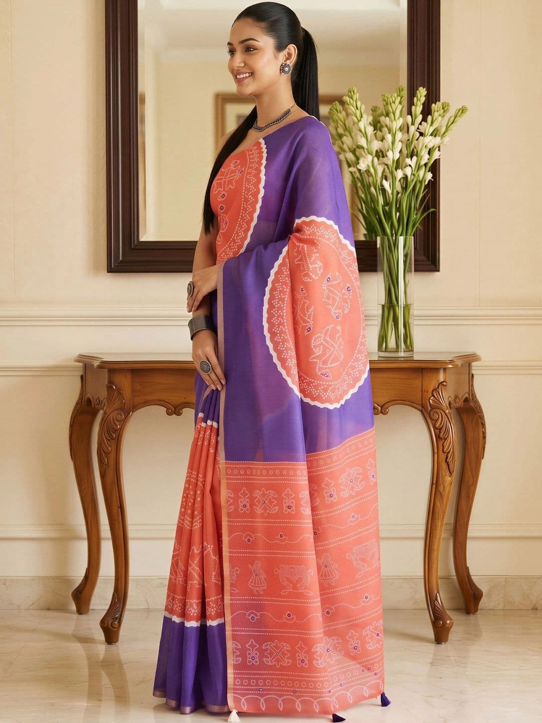 Sangria Bandhani Designer Block Print Saree thumbnail 7