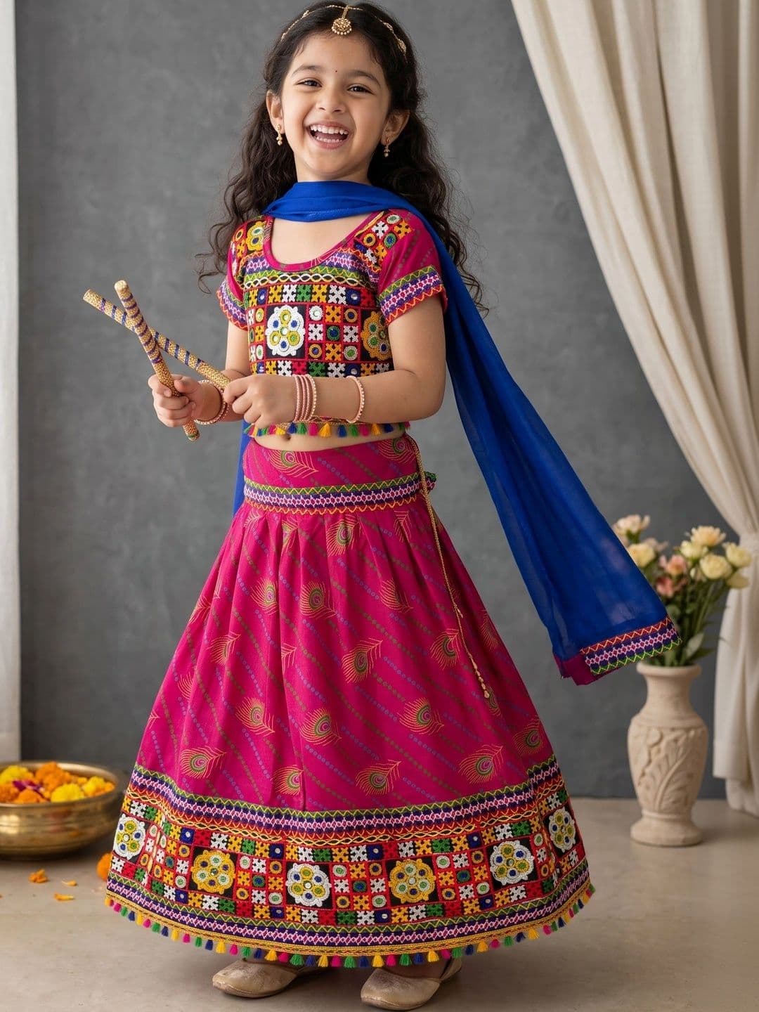 ahhaaaa Girls Embroidered Mirror Work Ready to Wear Lehenga & Blouse With Dupatta thumbnail 6