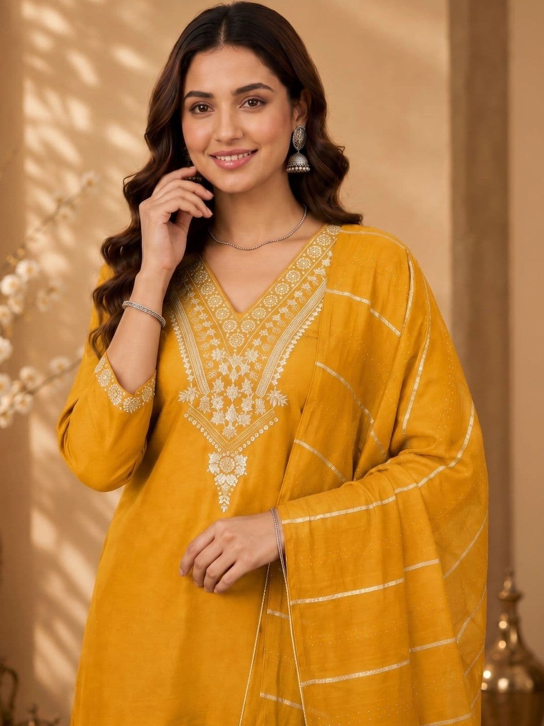 J MOGAL Women Ethnic Motifs Embroidered Regular Kurta with Trousers & With Dupatta thumbnail 6