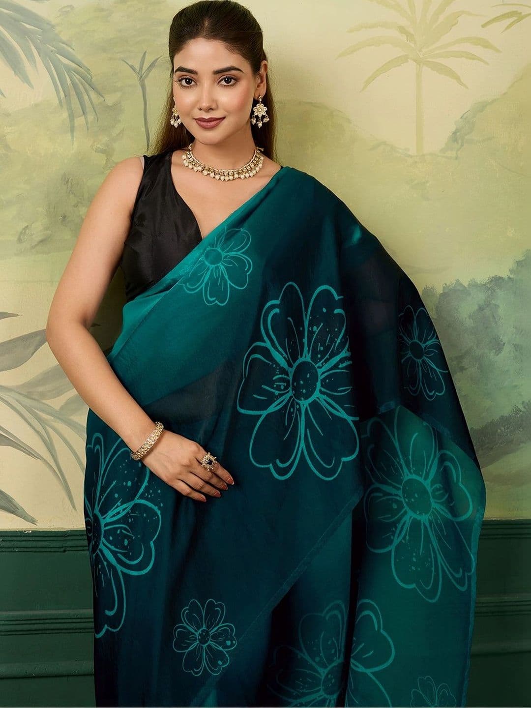 Nayanthara Trends Floral Satin Designer Saree thumbnail 7
