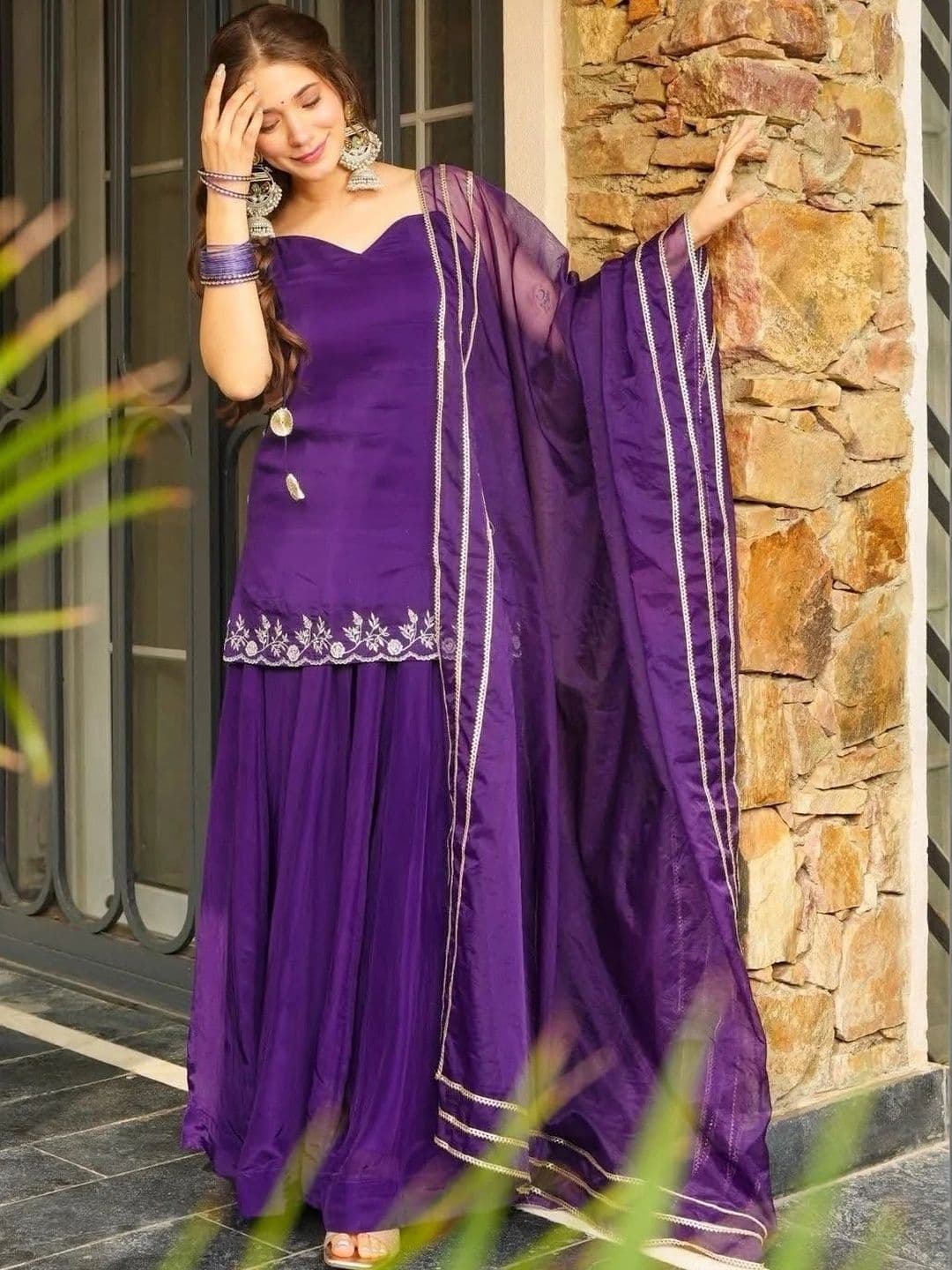 HERE&NOW Women Ethnic Motifs Embroidered Regular Thread Work Kurta with Sharara & With Dupatta thumbnail 5