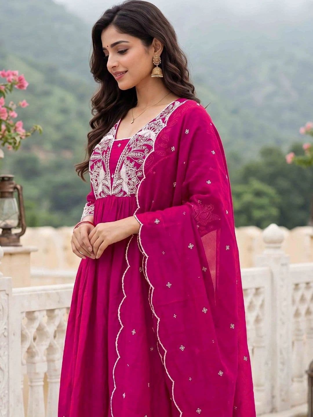 Moda Rapido Women Ethnic  Empire Thread Work Pure Silk Kurta with Trousers & With Dupatta thumbnail 3