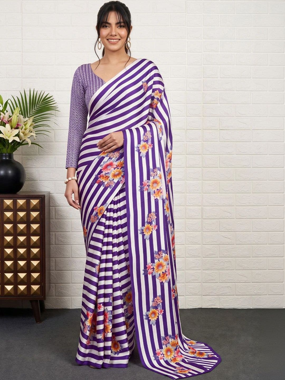 Anouk Floral Satin Designer Leheriya Saree - view 1