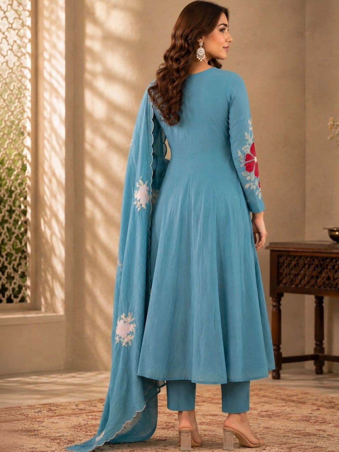 Sangria Women Floral Embroidered Regular Thread Work Kurta with Trousers & With Dupatta thumbnail 6