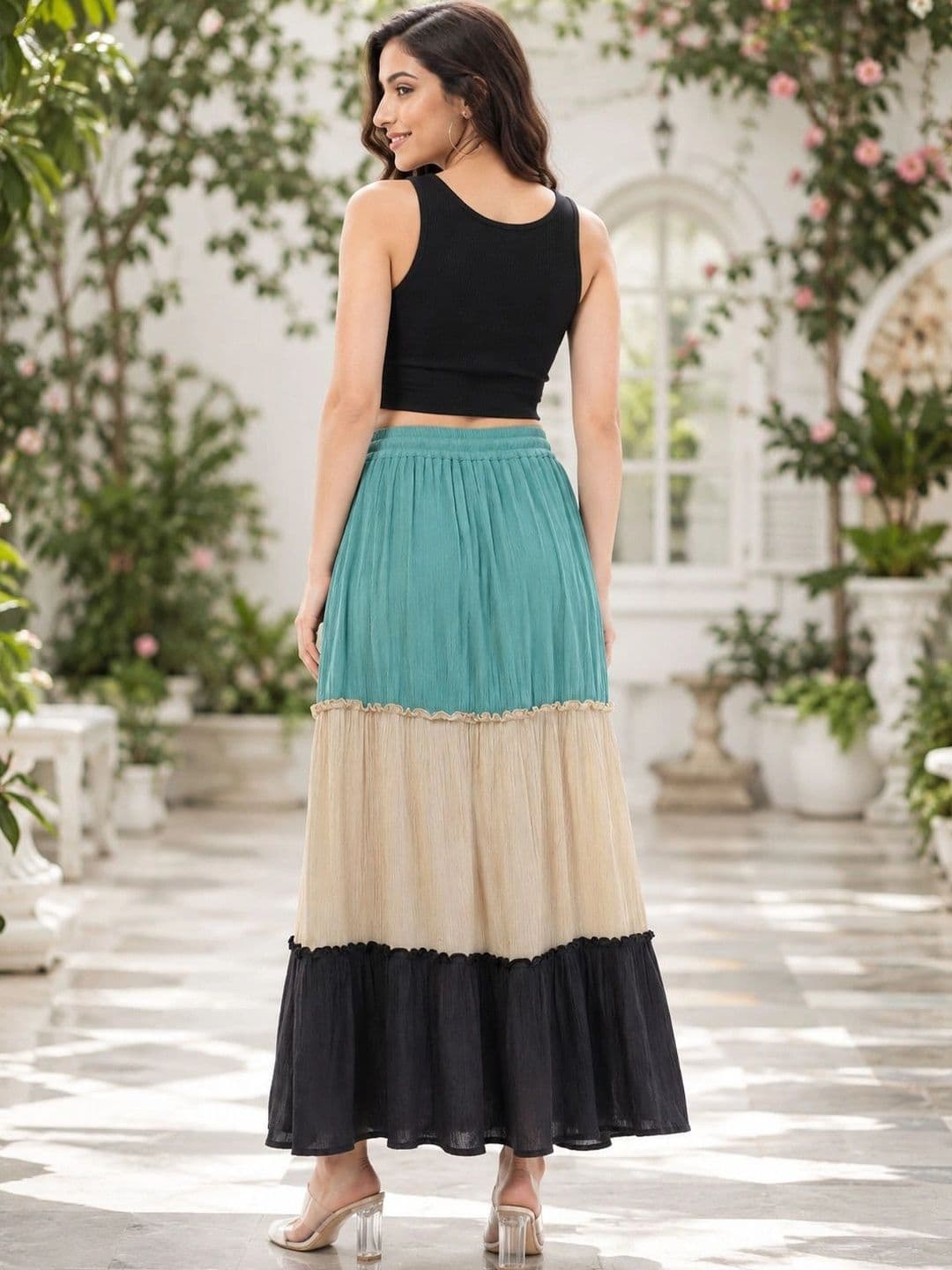 Rabhika Women Pure Cotton Cotton Cambric Colourblocked Tiered Maxi Tiered Skirt thumbnail 6