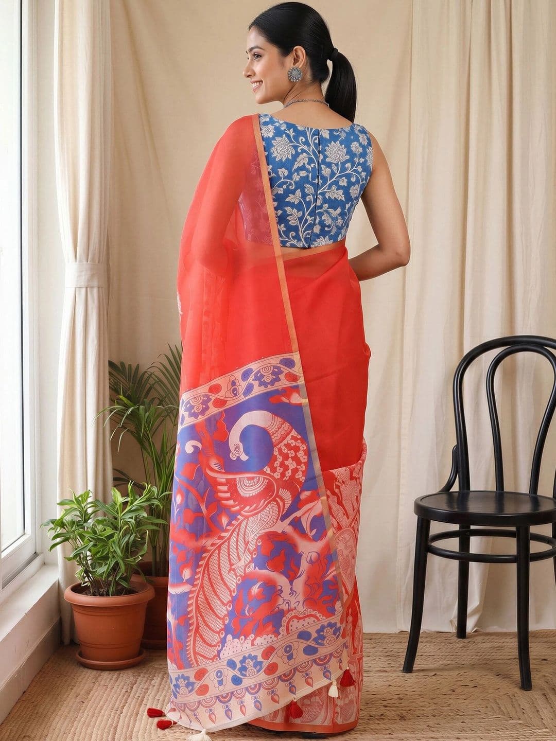 Sangria Kalamkari Designer Block Print Saree thumbnail 7