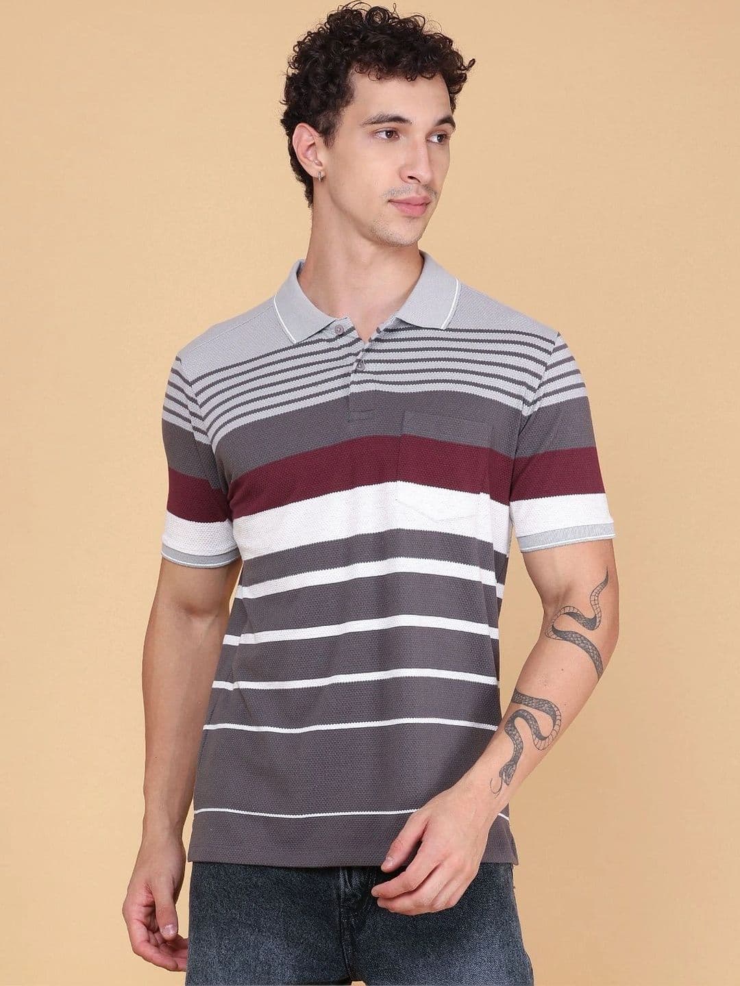 LIMEROAD Men Striped Polo Collar Pockets T-shirt thumbnail 6
