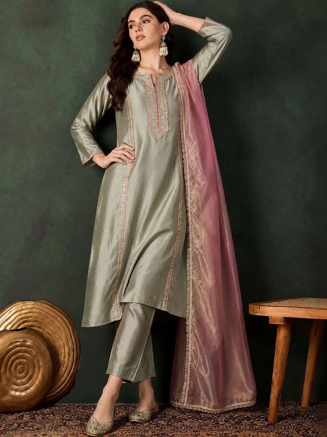 Sangria Women Ethnic Motifs Embroidered Regular Thread Work Kurta with Trousers & With Dupatta thumbnail 7