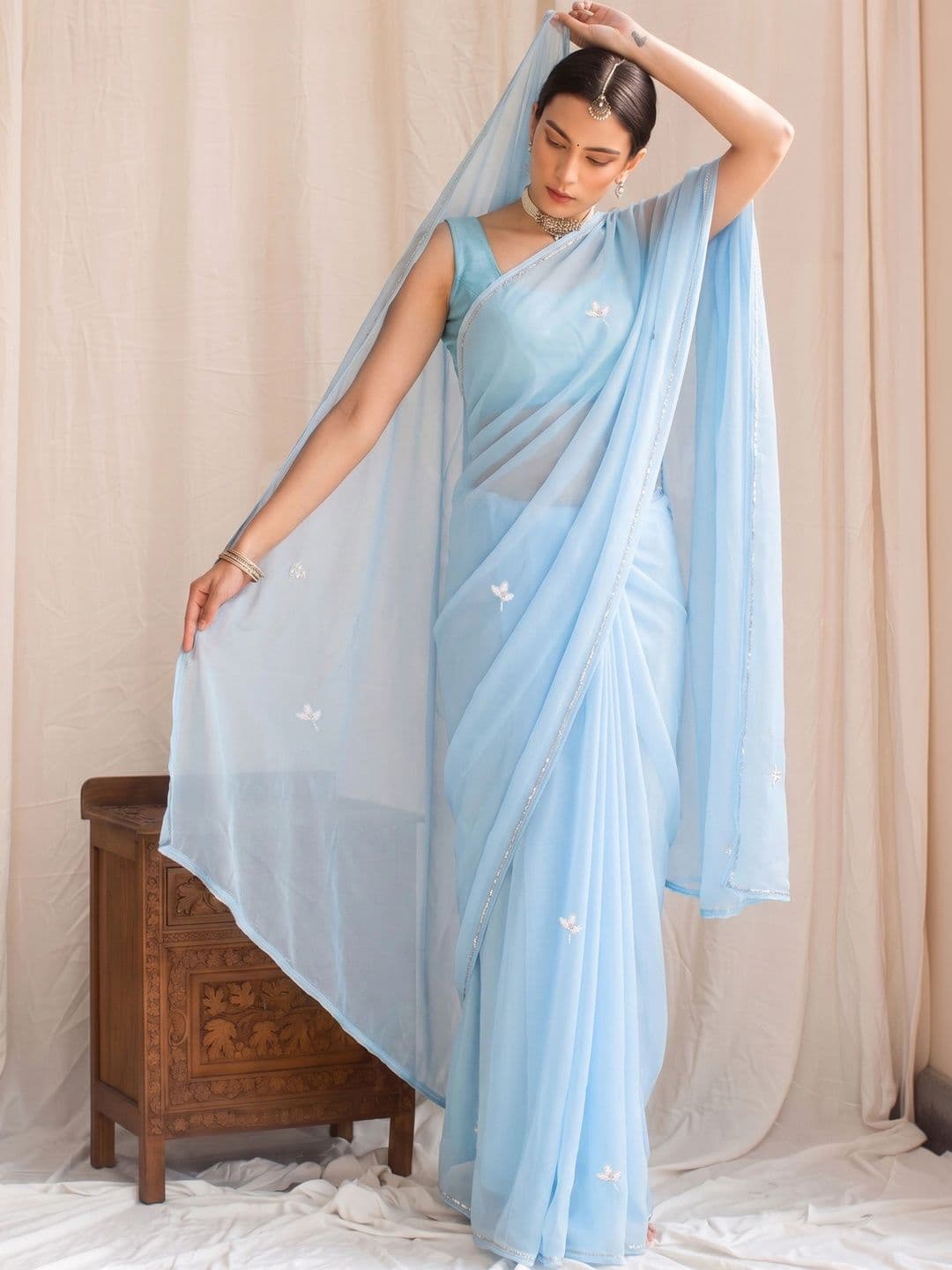 House of Pataudi Floral Embroidered Poly Georgette Designer Saree - view 1