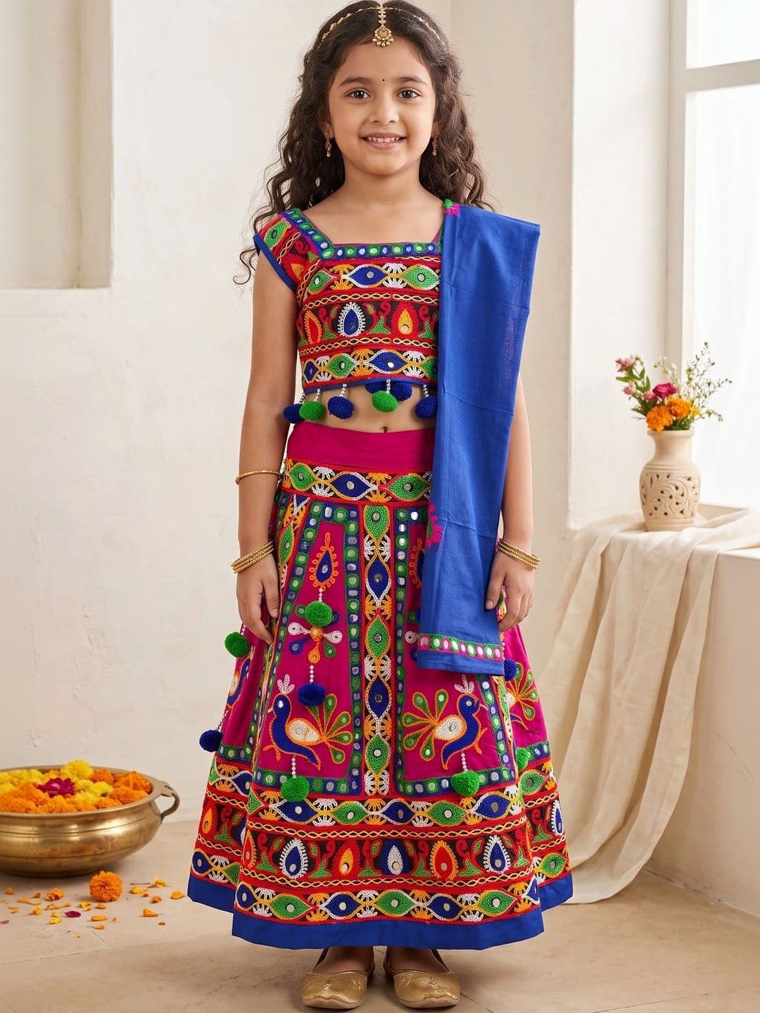 ahhaaaa Girls Embroidered Mirror Work Ready to Wear Lehenga & Blouse With Dupatta - view 1