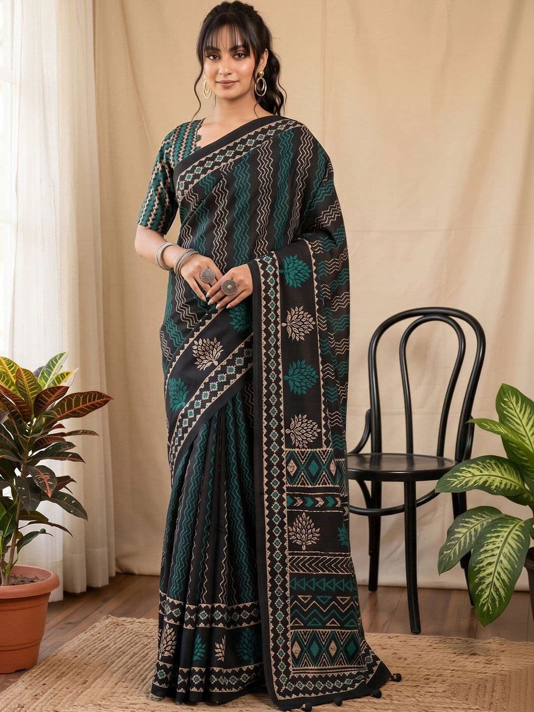 Anouk Batik Silk Blend Designer Block Print Saree thumbnail 3