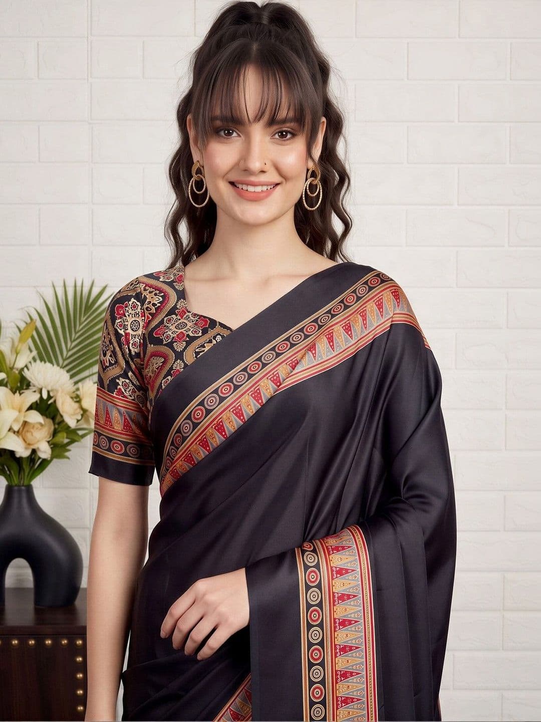 Anouk Warli Satin Designer Block Print Saree thumbnail 5