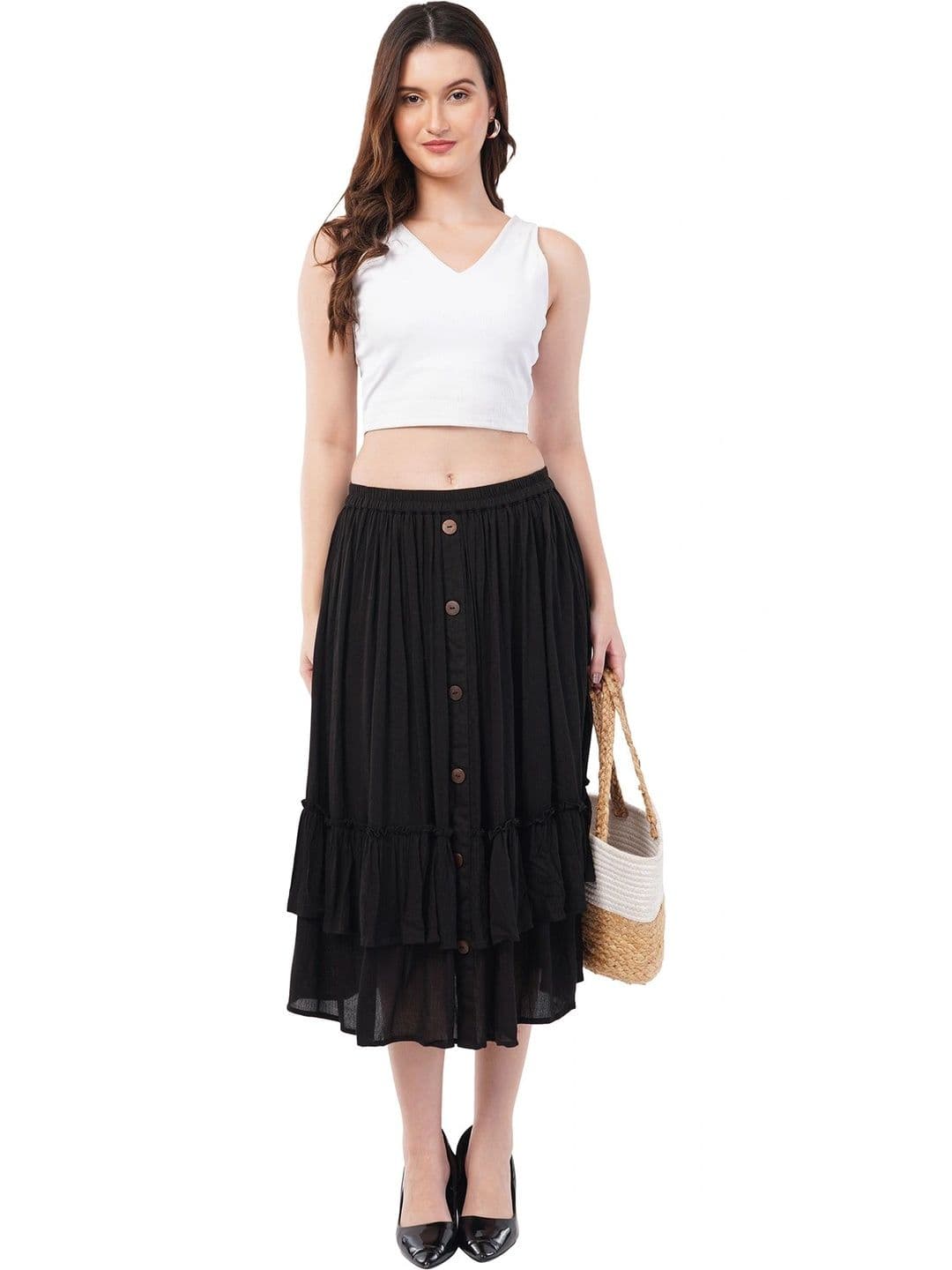 Rabhika Women Pure Cotton Cotton Cambric Frills Bows and Ruffles Midi Flared Skirt thumbnail 3