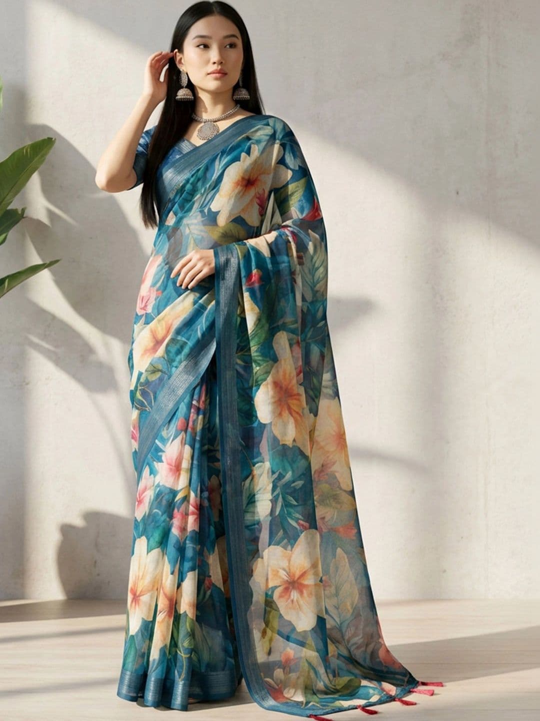 Anouk Rustic Floral Zari Pure Linen Designer Khadi Saree - view 1