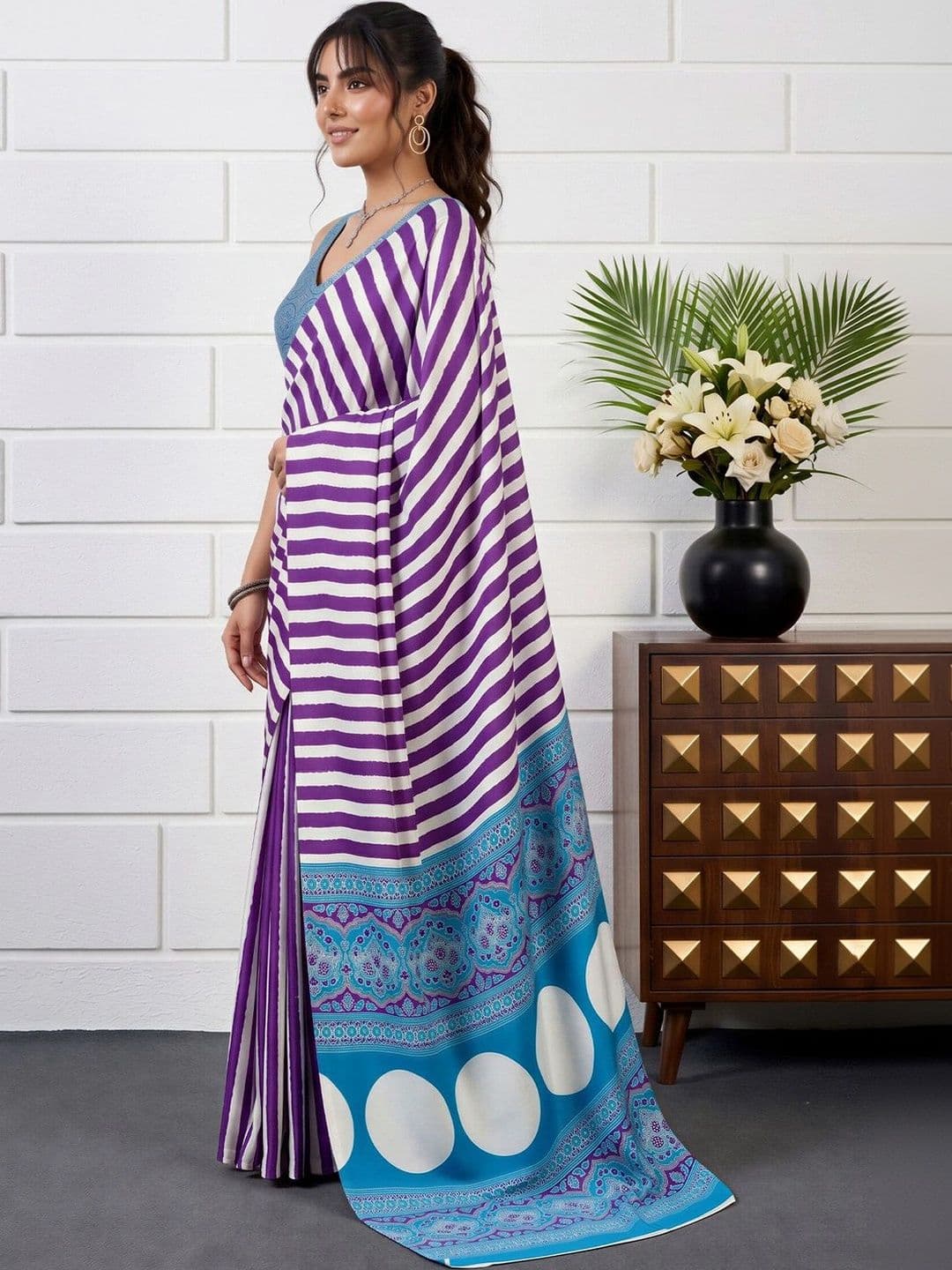 Anouk Striped Satin Designer Saree thumbnail 2