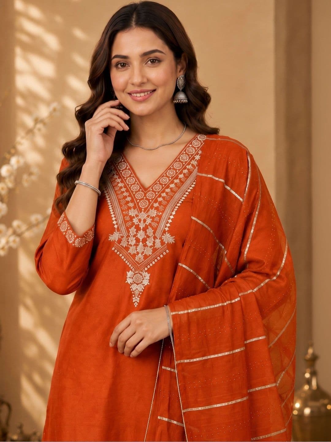 J MOGAL Women Ethnic Motifs Embroidered Kurta with Trousers & With Dupatta thumbnail 5
