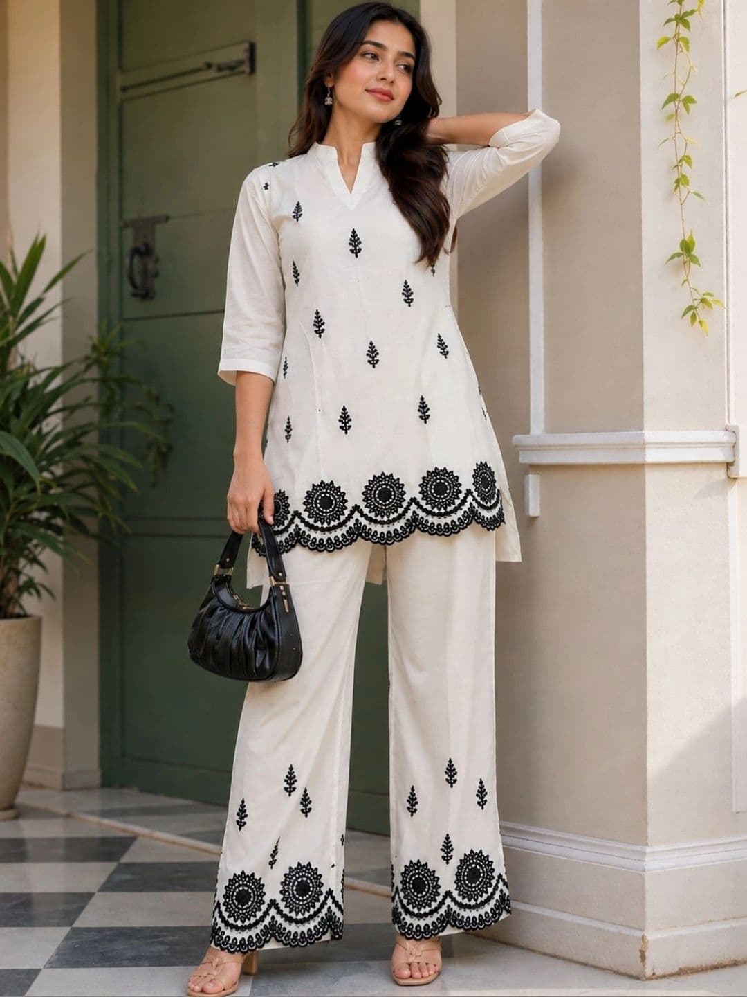 Moda Rapido Grandeur & Majestic Artwork Cotton Embroidered Top with Palazzos - view 1