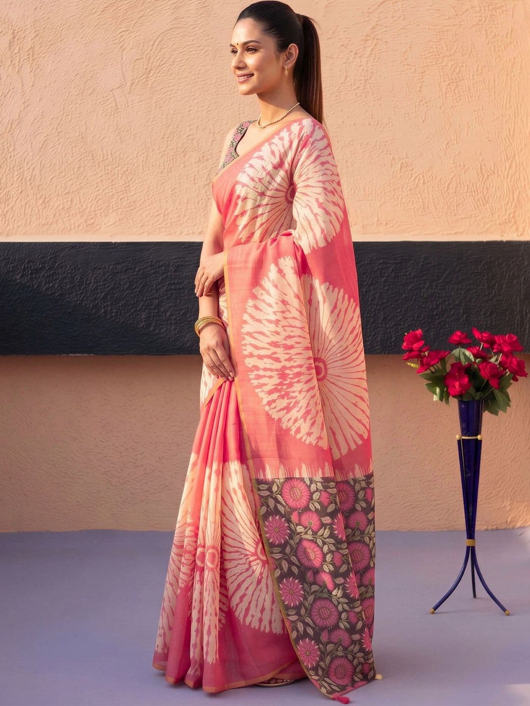 Sangria Tie and Dye Fusion Block Print Saree thumbnail 6