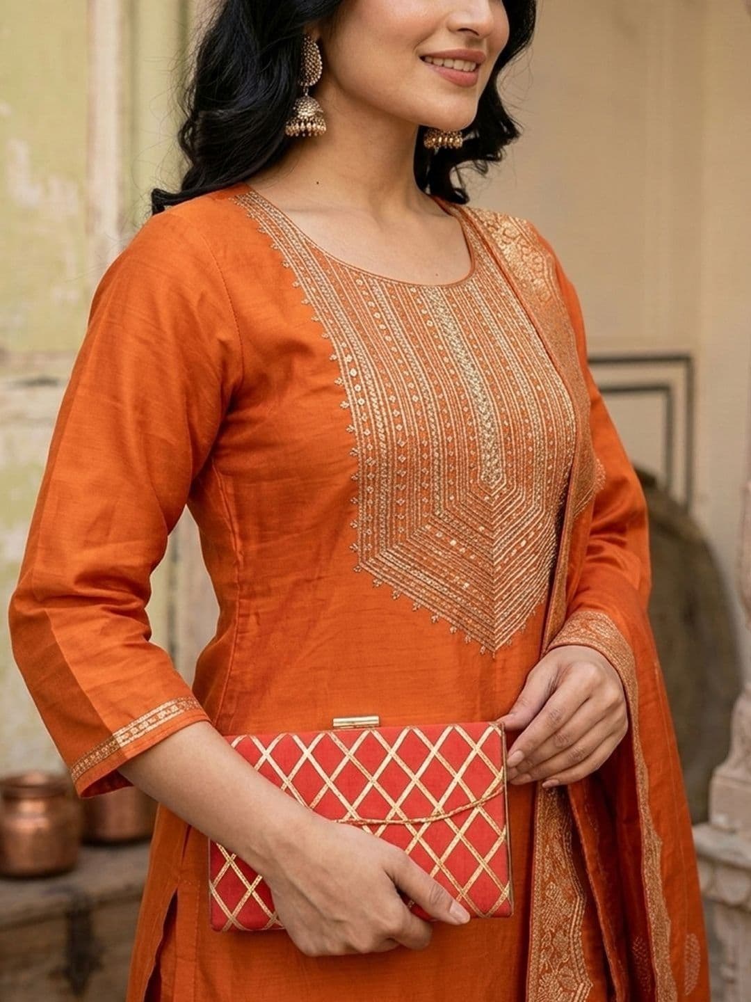 Sangria Embroidered  Round Neck Kurta & Trousers With Dupatta thumbnail 6