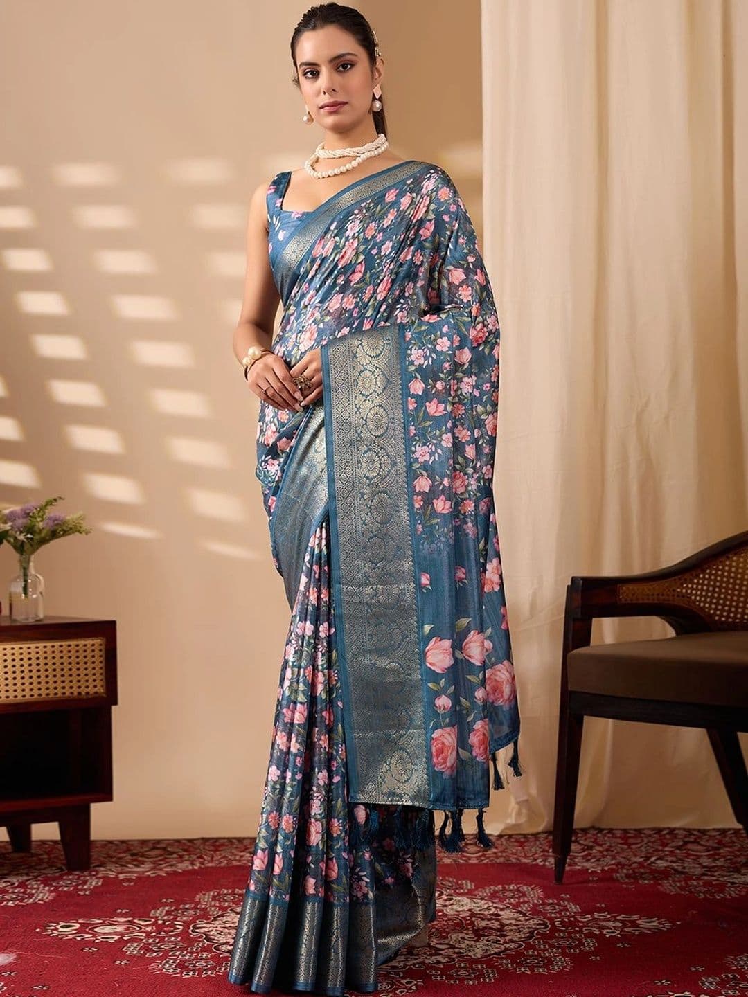 Moda Rapido Floral Zari Silk Blend Designer Saree - view 1