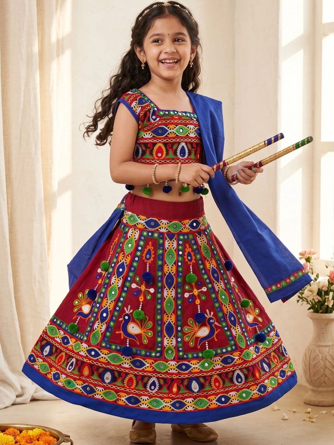 ahhaaaa Girls Embellished Mirror Work Ready to Wear Lehenga & Blouse With Dupatta thumbnail 2