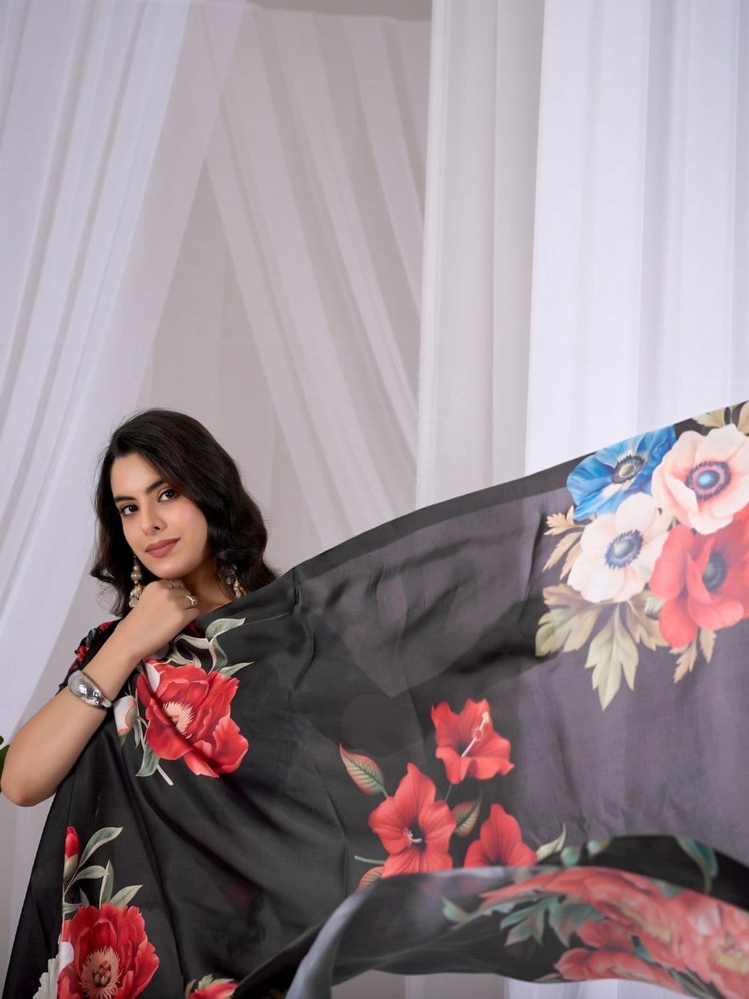 Moda Rapido Women Floral Printed  Satin Designer Saree thumbnail 4