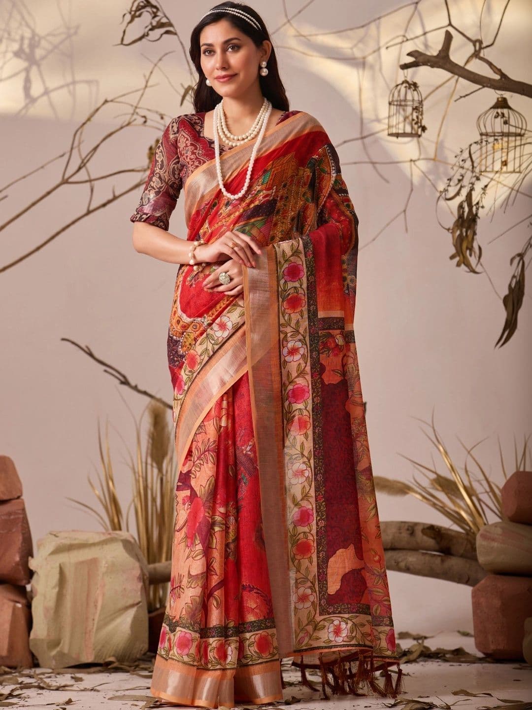 Moda Rapido Floral Zari Linen Blend Designer Patola Saree - view 1