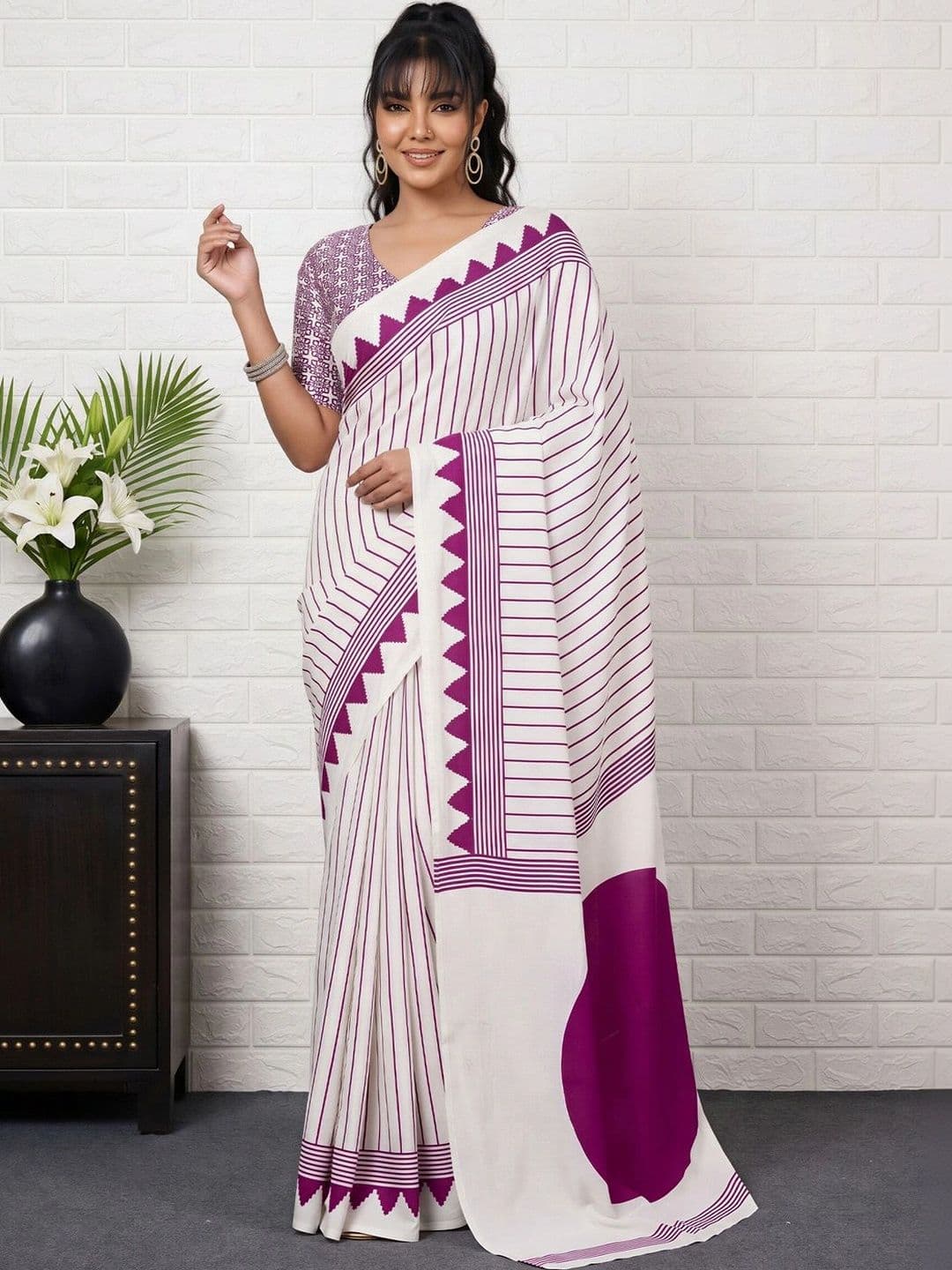Anouk Striped Satin Designer Leheriya Saree thumbnail 4