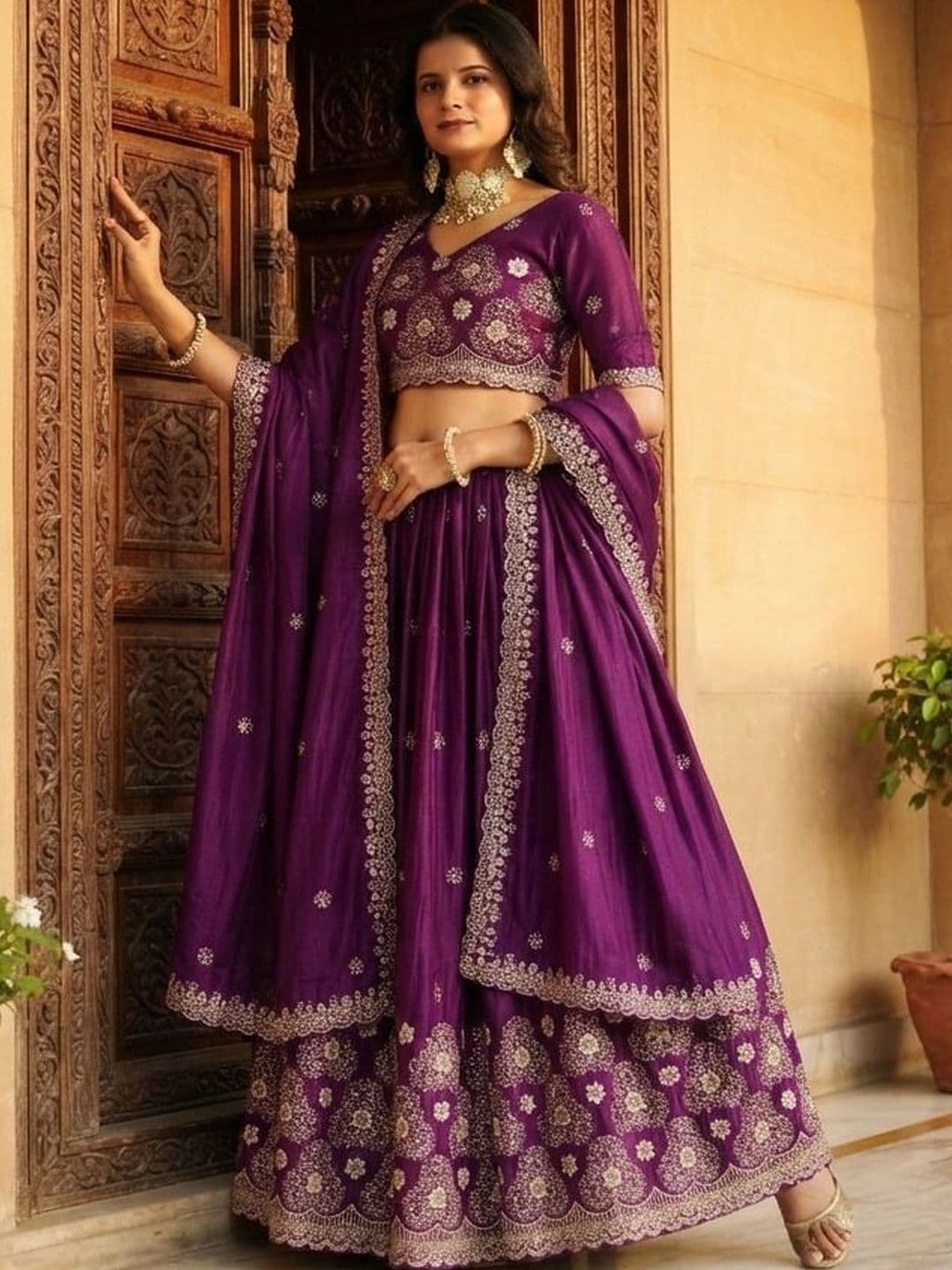 all about you Embroidered Thread Work Semi-Stitched Lehenga & Blouse With Dupatta - view 1
