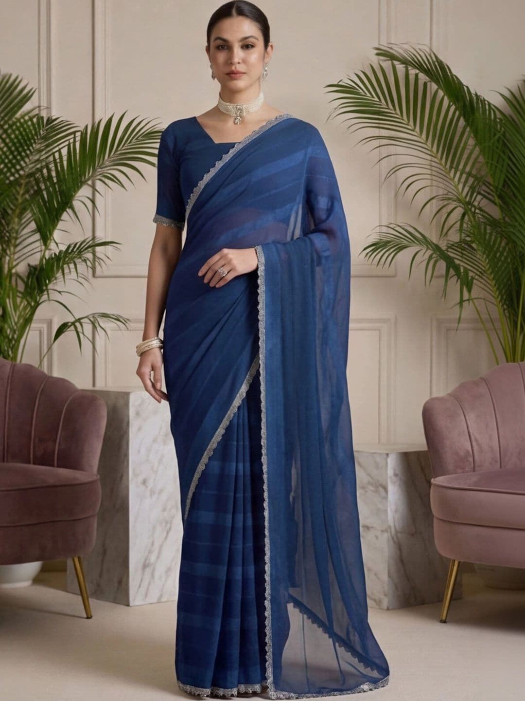 Anouk Rustic Striped Embroidered Silk Blend Designer Saree thumbnail 3