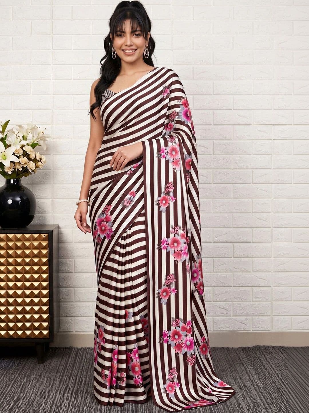 Anouk women Floral Satin Designer Leheriya Saree - view 1