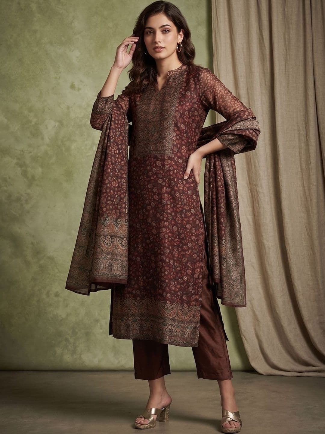 Sangria Women Ethnic Motifs Printed Regular Chanderi Silk Kurta with Trousers & With Dupatta - view 1