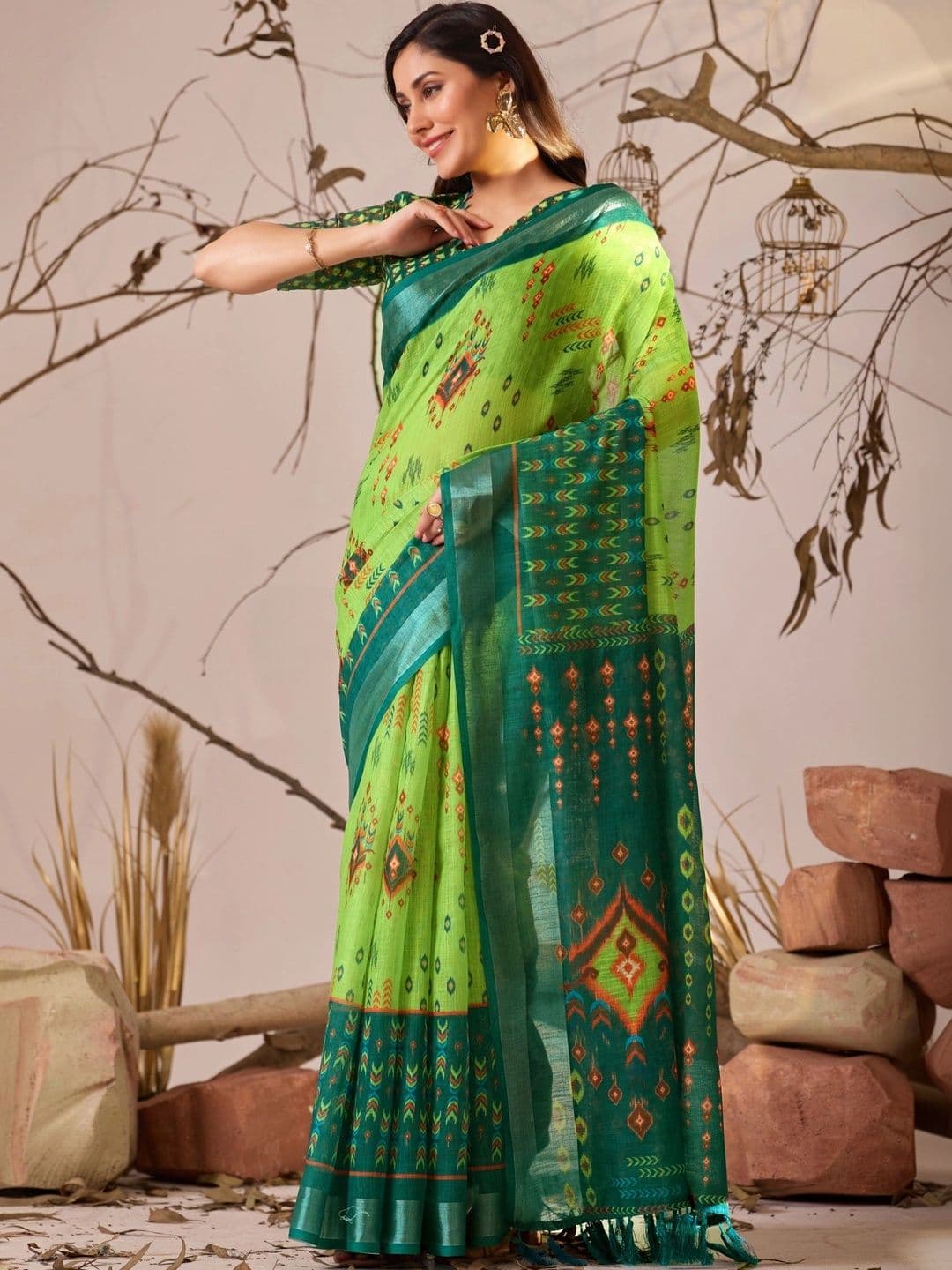 Moda Rapido Ethnic Motifs Linen Blend Designer Patola Saree - view 1
