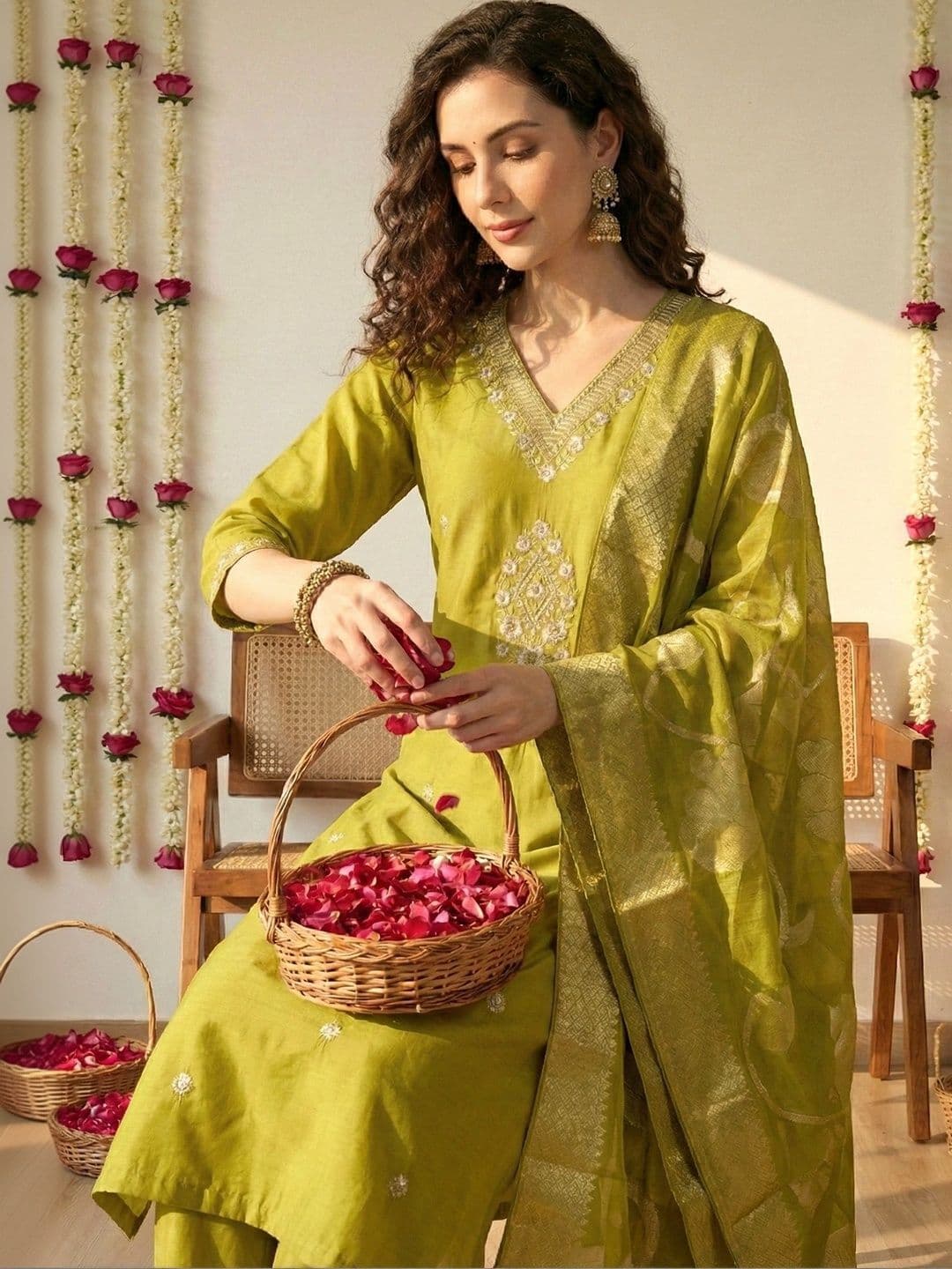 SHRI VANYA CREATION Women Ethnic Motifs Embroidered Regular Chanderi Silk Kurta with Trousers & With Dupatta thumbnail 7