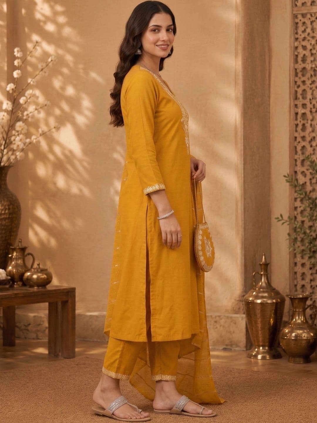 J MOGAL Women Ethnic Motifs Embroidered Regular Kurta with Trousers & With Dupatta thumbnail 5
