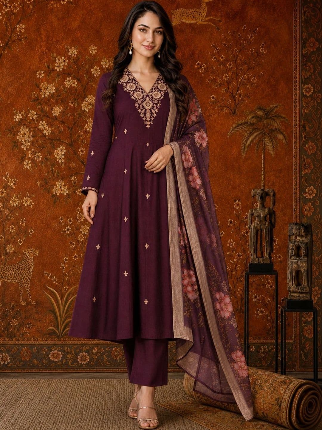 Sangria Ethnic Motifs Embroidered Thread Work A-Line Kurta with Trousers & Dupatta - view 1