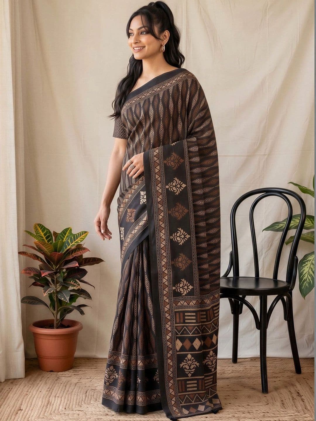 Anouk Batik Silk Blend Designer Block Print Saree thumbnail 2