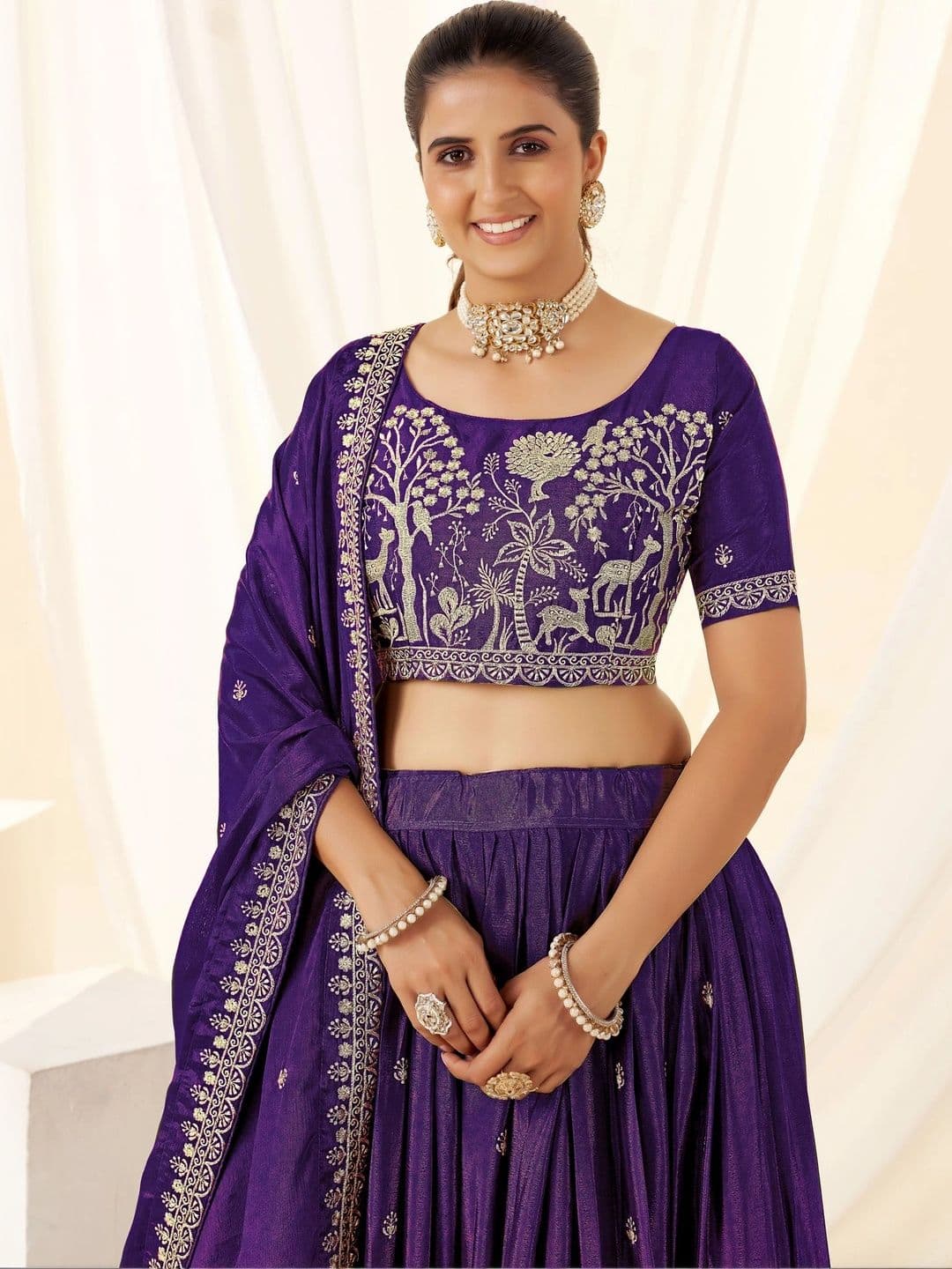 HERE&NOW Embroidered Thread Work Semi-Stitched Lehenga & Blouse With Dupatta thumbnail 4