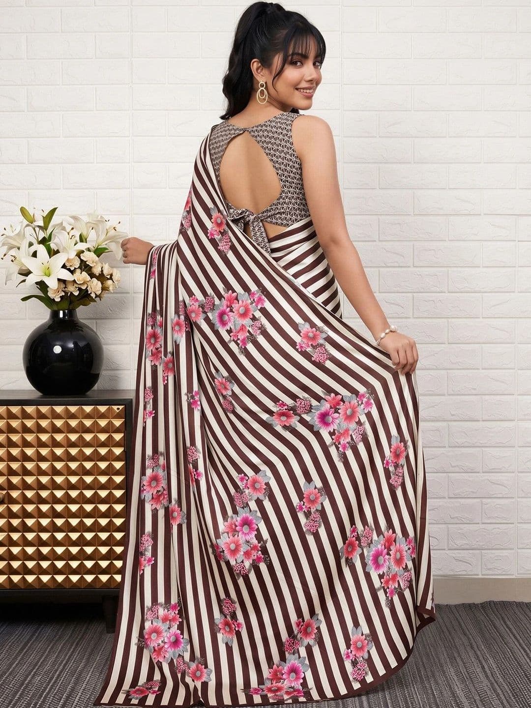 Anouk women Floral Satin Designer Leheriya Saree thumbnail 6