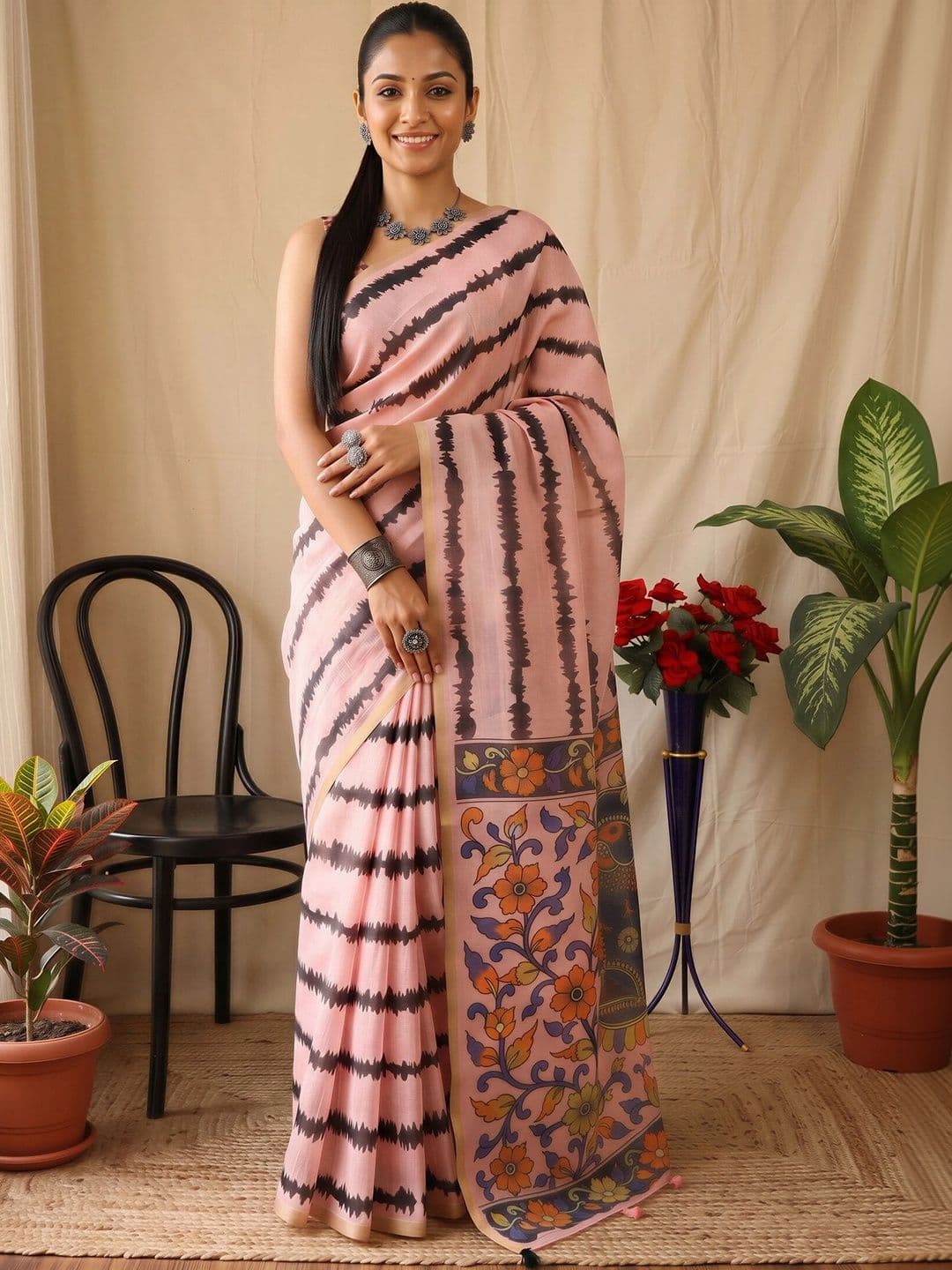 Sangria Striped Designer Block Print Saree - view 1