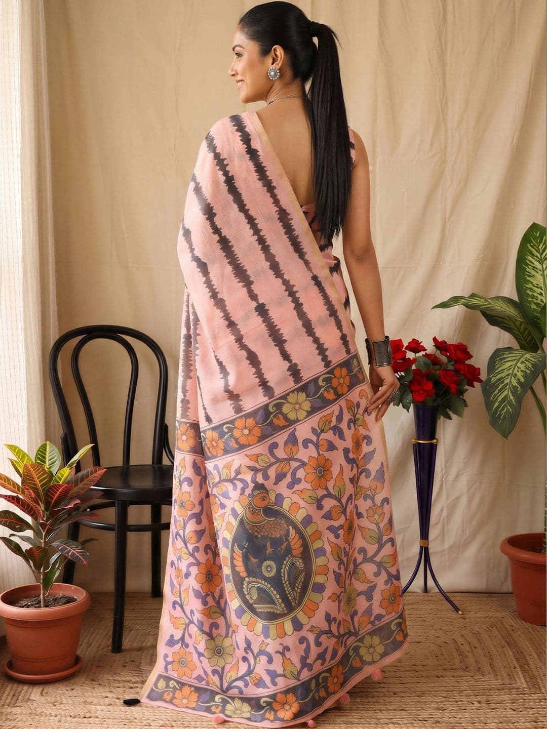 Sangria Striped Designer Block Print Saree thumbnail 7
