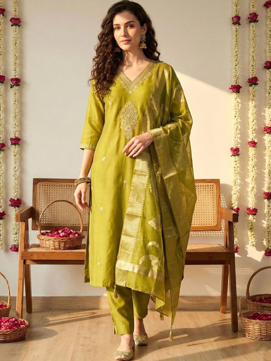 SHRI VANYA CREATION Women Ethnic Motifs Embroidered Regular Chanderi Silk Kurta with Trousers & With Dupatta thumbnail 3